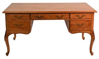 Ethan Allen Desk, having parquetry top, sun faded, height 30 inches, top 29 x 59 inches.
