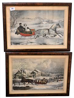 Two Piece Lot After Currier & Ives, to include "Delivering Milk" and "The Winter Sleigh Ride" both offset lithographs in colors, both housed in matchi