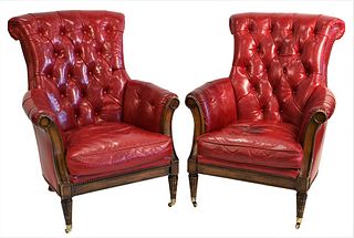 Pair of Lillian August Red Leather Armchairs, having tufted backs and sides, height 41 inches, width 32 inches, (one worn/darkened in spots), Provenan