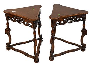 Pair of Burlwood Shaped Three Corner Tables, height 23 inches, top 20 x 20 inches.