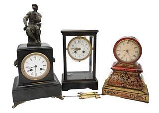 Group of Three Mantle Clocks, to include Howard State clock with man sitting on top of a faux boulle, along with a brass carriage clock.