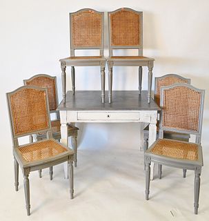Continental Style Seven Piece Set, to include table with drawer along with six caned chairs, all in grey paint, height 30 inches, top 31 1/4 x 39 inch