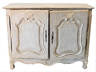 Louix XV Sideboard, having two doors opening to three drawers and shelf, in grey paint, 18th century, height 41 1/2 inches, top 23 x 54 inches.