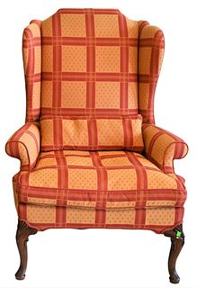Queen Anne Style Wing Chair, having shaped back and custom upholstery, height 47 inches.