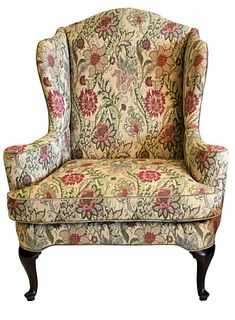 Drexel Heritage Upholstery Collection Queen Anne Style Wing Chair, having paisley upholstery, height 48 inches.