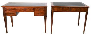 Two Piece Lot, to include a mahogany Continental writing desk having pull out side slides, all with leather inset tops; along with a writing table wit