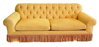 TRS Custom Upholstered Sofa, having tufted back, height 33 inches, length 89 inches, (right front fringe is partially missing).