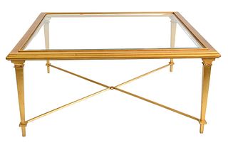 Contemporary Coffee Table, gilt metal, wood and glass, height 18 1/2 inches, top 42 x 42 inches.