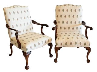 Pair of Mahogany Chippendale Style Open Armchairs, having custom upholstery, each with Chinese silk ancestral portrait pillows, height 41 inches.
