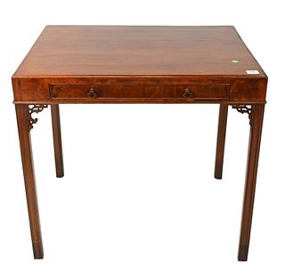 George III Mahogany Table, having drawer on square molded legs, 19th century, height 31 inches, top 22 x 32 inches, (legs ended out).