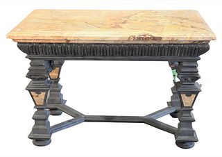 Baroque Style Table, having molded inset marble top on heavy base with inlaid marble panels, face carved ends, height 31 inches, top 32" x 49".