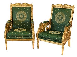 Pair of Gilt Throne Style Armchairs, having gilt swan arm supports, height 44 1/2 inches, width 27 1/2 inches.