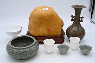 Group of Ten Chinese Ceramic and Porcelain Items, to include a crackle glazed celadon bowl; a pair of celadon glazed small cups; a pair of white cups;