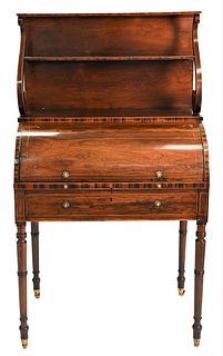 George IV Rosewood Ladies Desk, having double shelf over cylinder roll top and pull out leather top writing surface over drawers, set on turned legs, 