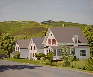 Michael Reece, landscape with three white houses, oil on canvas, 60 x 72 inches, gallery price over $16,000.