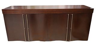 Contemporary Server, having four doors opening to drawers and shelves, height 37 inches, top 21 1/2 x 84 inches.
