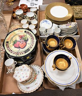 Four Tray Lots of Assorted Porcelain, to include Japanese, Spode, eight German porcelain plates having gold rims, Gien France peint main porcelain pla