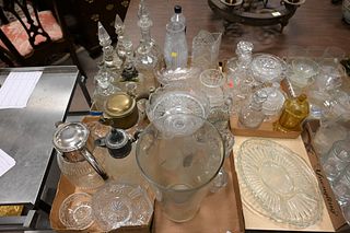 Group of Five Box Lots of Glass, cut glass, pressed glass, to include decanters, pitchers, vases, bowls, and compotes.