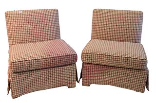 Pair of Custom Upholstered Slipper Chairs, height 30 inches, width 27 inches.