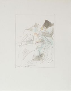 Louis Icart - Untitled Drawing for La Nuit et le Moment Original Engraving, Hand Watercolored by Icart