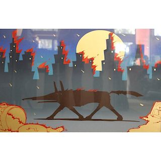 Modern Lithograph of Wolf in Burning City