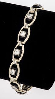 Art Deco 14K White Gold Diamond & Onyx Bracelet