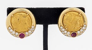 18K Yellow Gold Diamond Ruby Coin Clip Earrings