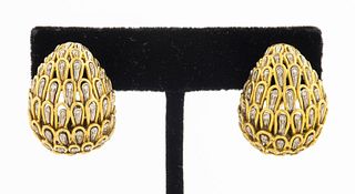Italian 18K Yellow Gold Diamond Dome Clip Earrings