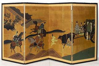 Japanese Folding Four Panel Screen Hand Painted