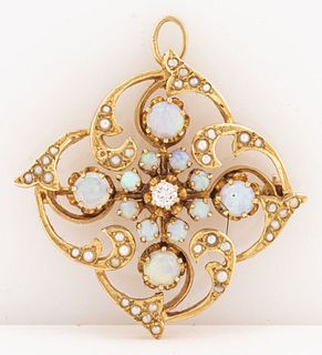 1960's 14K Gold Diamond, Opal Seed Pearl Brooch