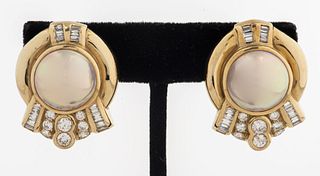 14K Yellow Gold Mabe Pearl Diamond Clip Earrings