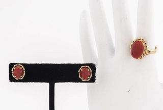 Chinese 14K Yellow Gold Coral Ring and Earring Set