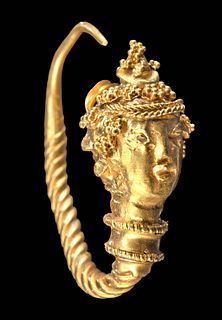 Fine Greek Hellenistic Gold Earring w/ Maenad Head