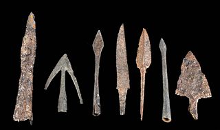 6 Medieval European Iron Arrowheads + Knife Blade