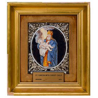 Limoges 'Saint Simeon and The Baby Jesus' Painted Enamel Plaque