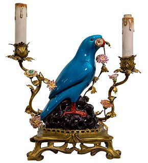Chinese Ormolu Porcelain Parrot Vanity Lamp