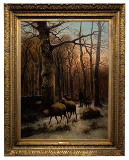 Cornelius Van Leemputten (Belgian, 1841â€“1902) 'Winter Pasture' Oil on Canvas