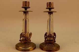Pair of Antique French Glass/Bronze Candle Holders