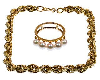 18k Yellow Gold and Pearl Ring and Twisted Rope Bracelet