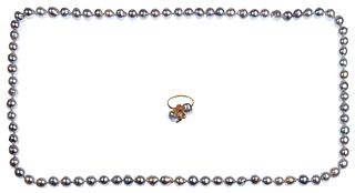 18k Yellow Gold and Blue Gray Cultured Pearl Jewelry