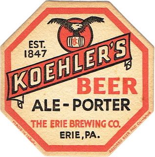 1936 Koehler's Beer-Ale-Porter 4 1/4 inch Octagon Coaster PA-ERIE-1