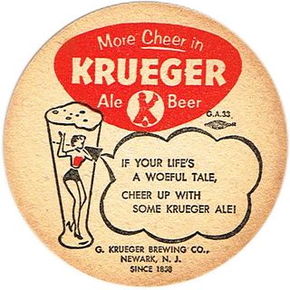 1955 Krueger Beer & Ale , More Cheer 3 3/4 inch coaster NJ-KRU-53