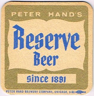 1960 Peter Hand's Reserve Beer 3 3/4 inch coaster IL-HMB-29