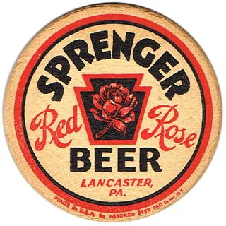 1933 Sprenger Red Rose Beer 4 1/4 inch coaster PA-SPREN-1