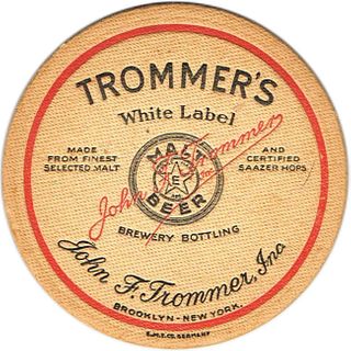 1933 Trommer's White Label Beer 4 1/4 inch coaster NY-TMR-64