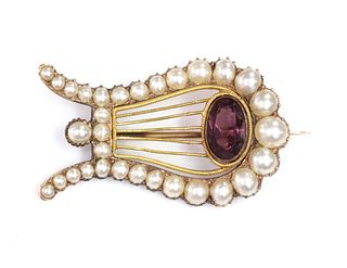 A Georgian paste and split pearl lyre brooch,