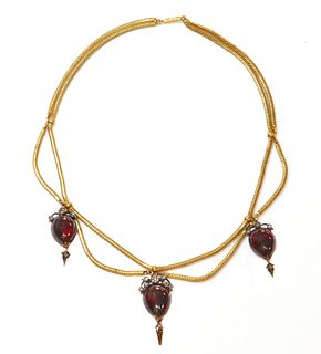 A Victorian gold cabochon garnet and diamond swag necklace, c.1850,