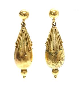 A pair of Victorian gold, archaeological revival, Etruscan style drop earrings, c.1860,