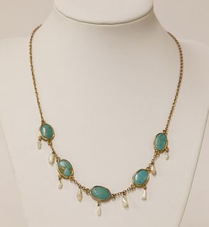 An Edwardian gold turquoise and dog tooth pearl fringe necklace,