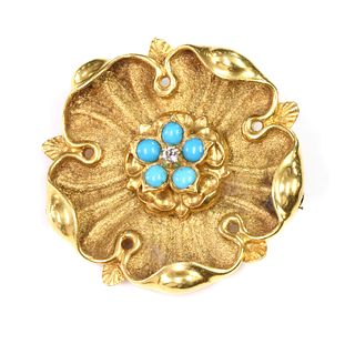A Victorian gold diamond and turquoise set York rose brooch,